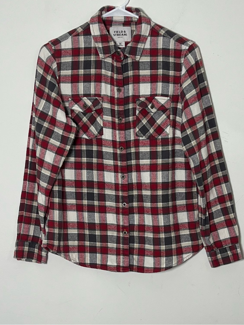 Field & Stream Women’s Plaid Flannel Shirt Red Black Cream Button Front